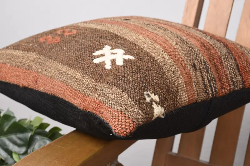 Throw Kilim Pillow, Ethnical Kilim Rug Pillow, Wool Kilim Pillow Pillow Sham, Handmade Kilim Cushion, 14x14 Brown Cushion Case, Pillow Sham - 6