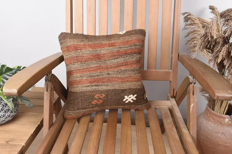 Throw Kilim Pillow, Ethnical Kilim Rug Pillow, Wool Kilim Pillow Pillow Sham, Handmade Kilim Cushion, 14x14 Brown Cushion Case, Pillow Sham - 1