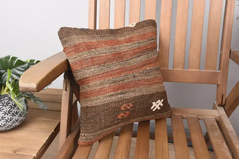 Throw Kilim Pillow, Ethnical Kilim Rug Pillow, Wool Kilim Pillow Pillow Sham, Handmade Kilim Cushion, 14x14 Brown Cushion Case, Pillow Sham - 2