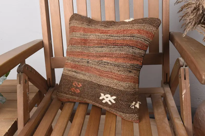 Throw Kilim Pillow, Ethnical Kilim Rug Pillow, Wool Kilim Pillow Pillow Sham, Handmade Kilim Cushion, 14x14 Brown Cushion Case, Pillow Sham - 3