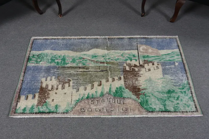2,4x4,4 ft Vintage Teppich, kleiner türkischer Teppich, blauer Ikat-Teppich - 1