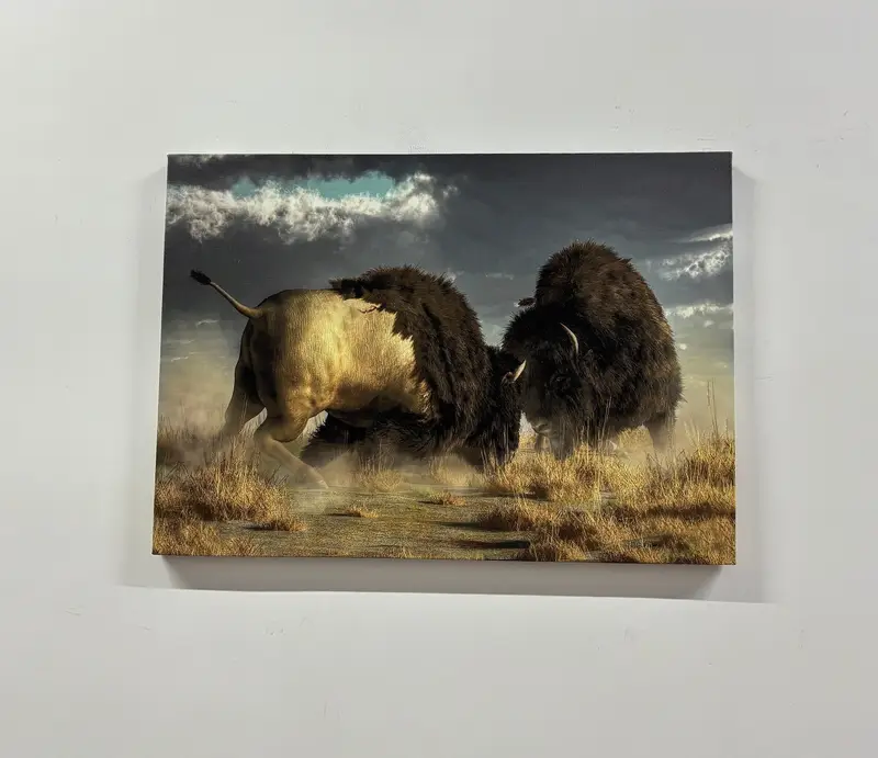 Bronze Zwei Bisons, große Bisons, Bisonwandkunst, Bison -Leinwand, Tiere Wandkunst, Tiere Druck, Büffel Canvas, American Buffalo Canvas, - 1