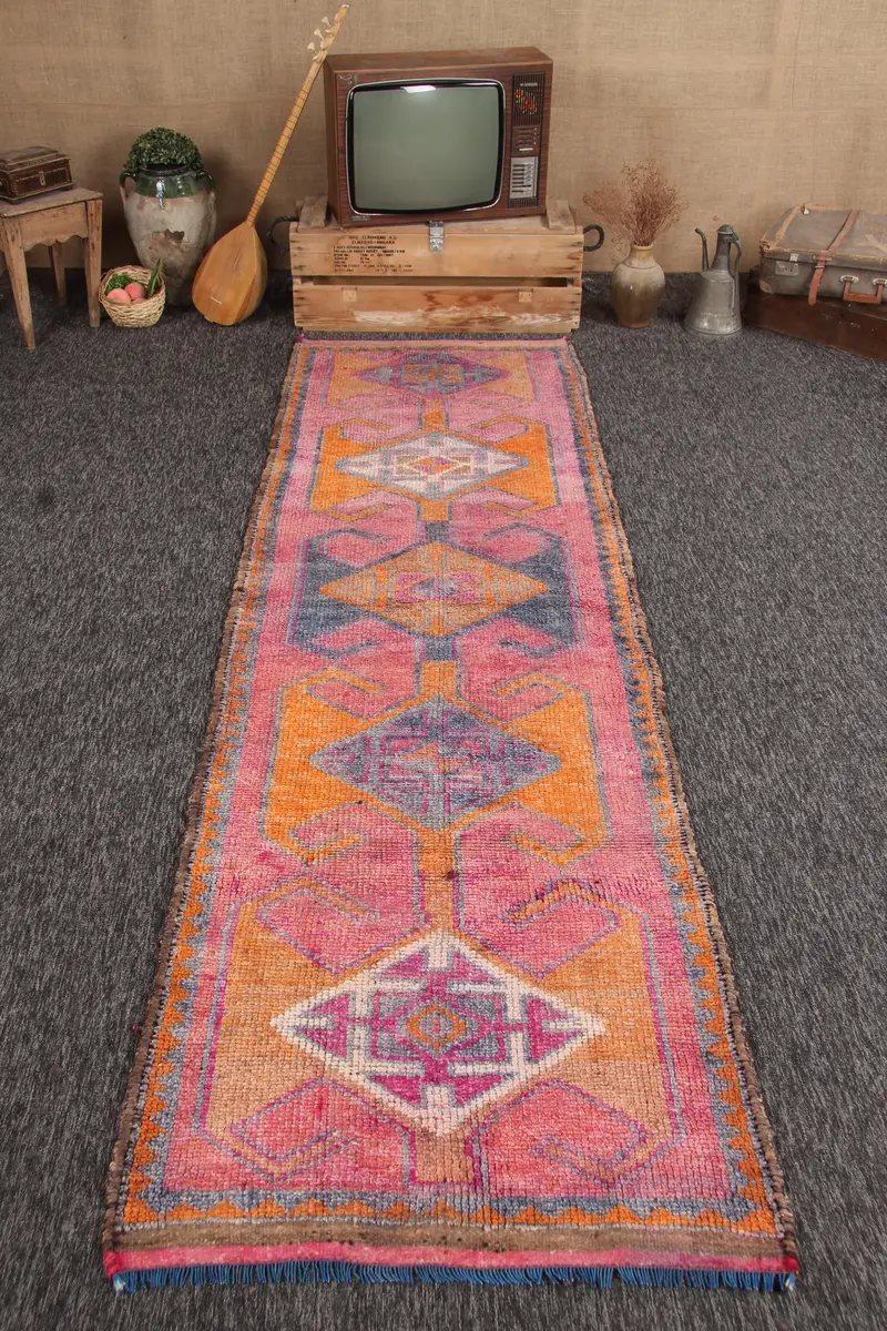 3.2x11.1 ft Rug, Vintage Turkish Rug, Herki Orange Check Rug - 1