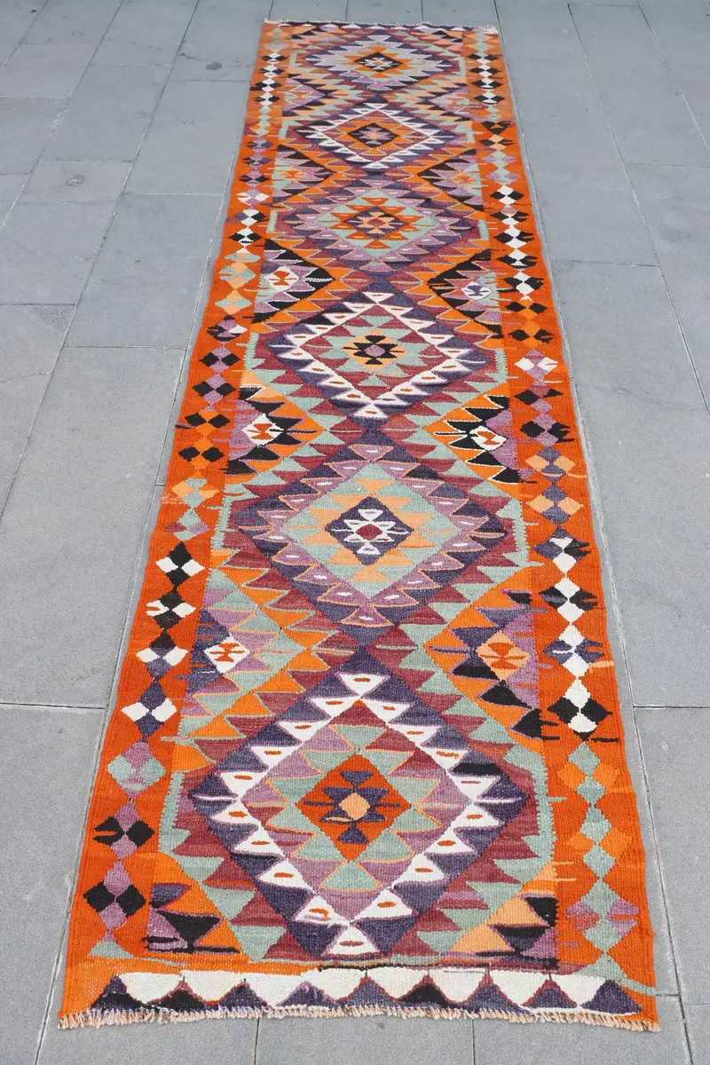 Orange & Purple Abstract Rug, 2.9x11 ft Vibrant Decor