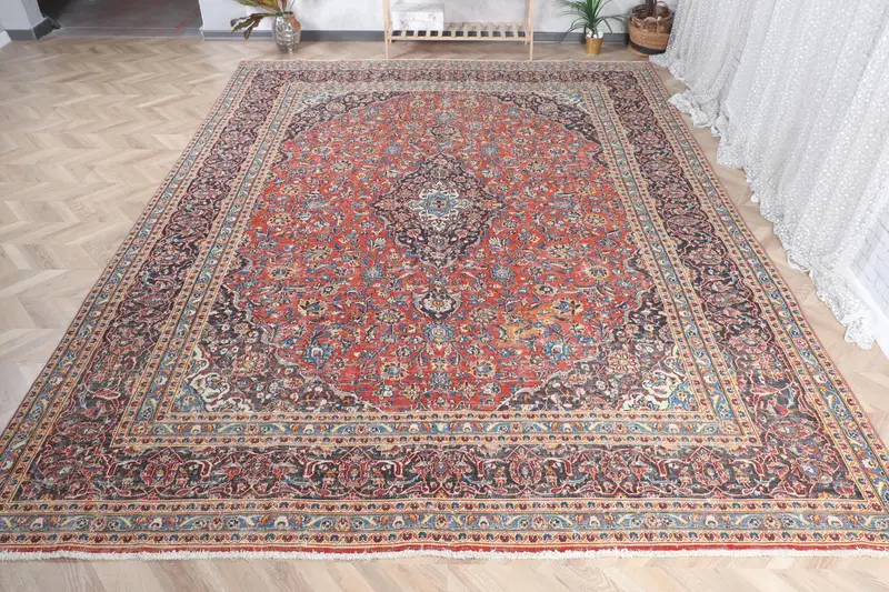 Handmade Red & Blue Rug, 0,8x12,6 ft Floral and Geometric