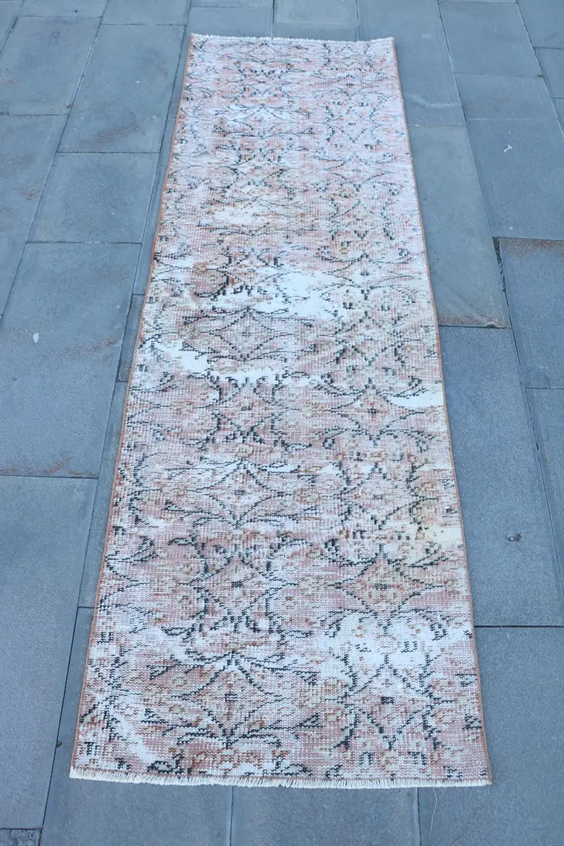 Zarif Pembe Halı, 2,2x7,2 ft Bej Bordürlü Tasarım