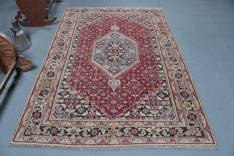 Vintage 5.2x7.7 ft Rug, Large Turkish Rug, Red Blue Floral Wool Rug - 1