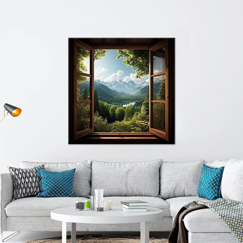 エレガントな自然の風景キャンバスプリント - 鮮やかな窓枠装飾