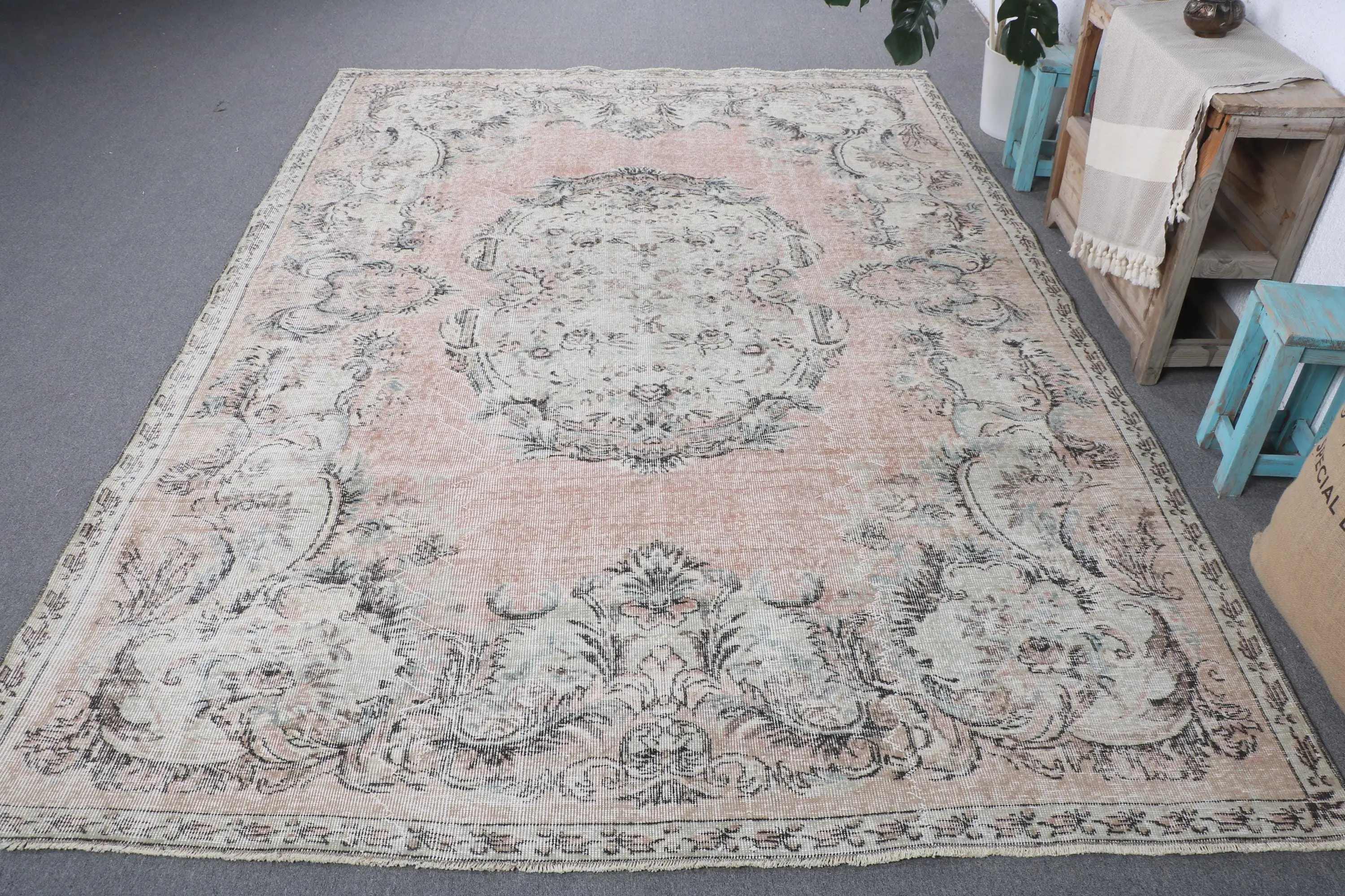 Türk 6.8x9.7 ft Halı, Vintage Halı, Pembe Çizgili Halı Yün - 1