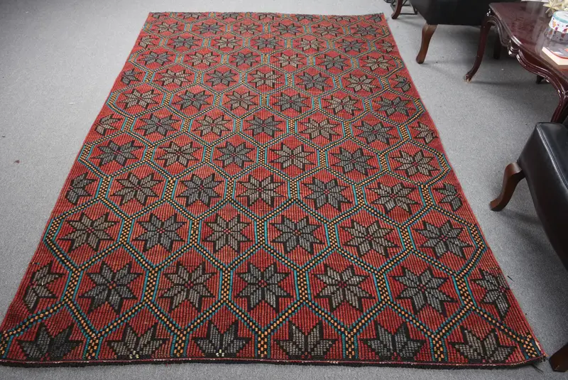 Alfombra de cuadros rojos hecha a mano, decoración elegante de 5,7x8,7 pies