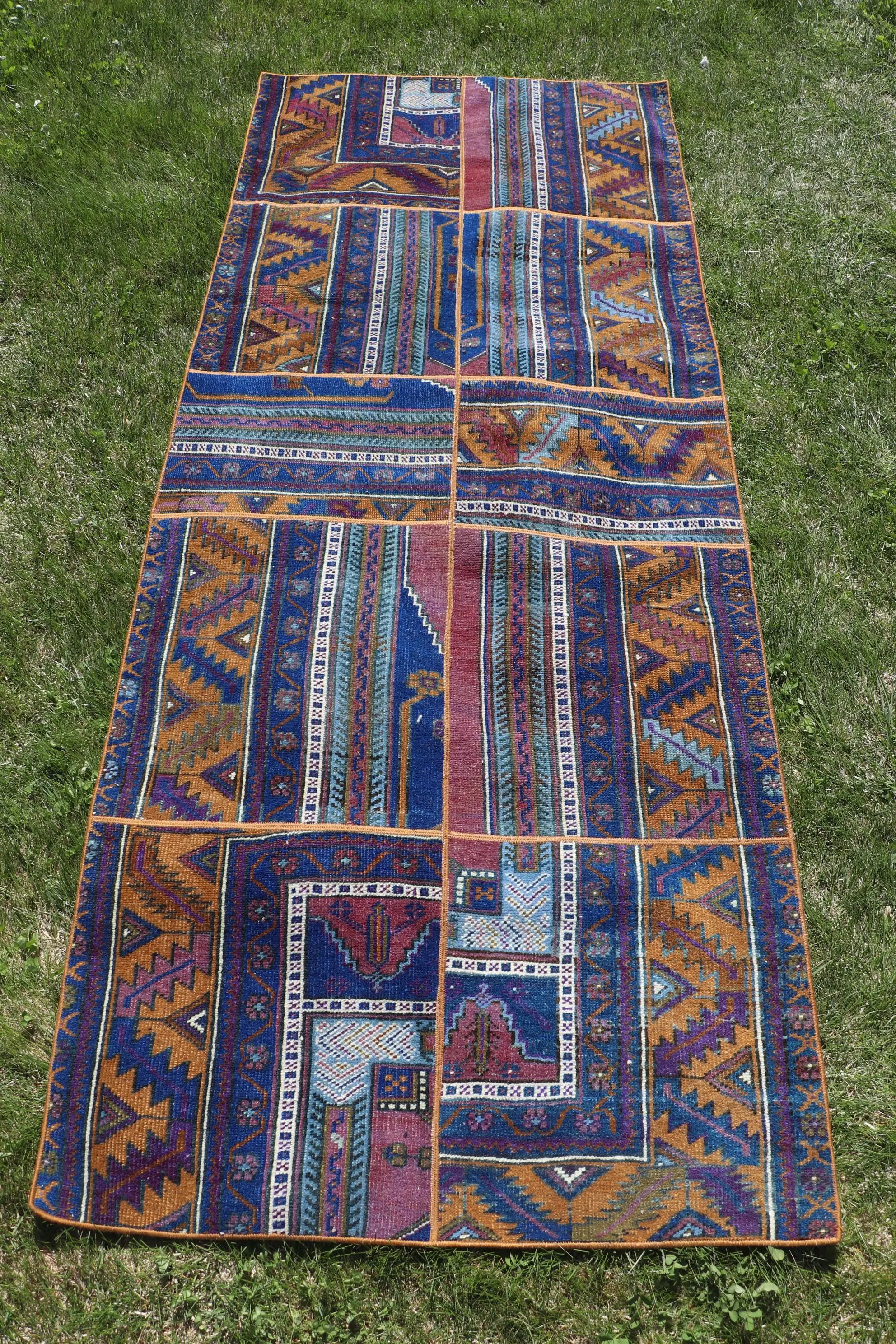 Turkish Rug, 3x7.4 ft Accent Vintage Rug, Blue Red Camouflage Rug - 1