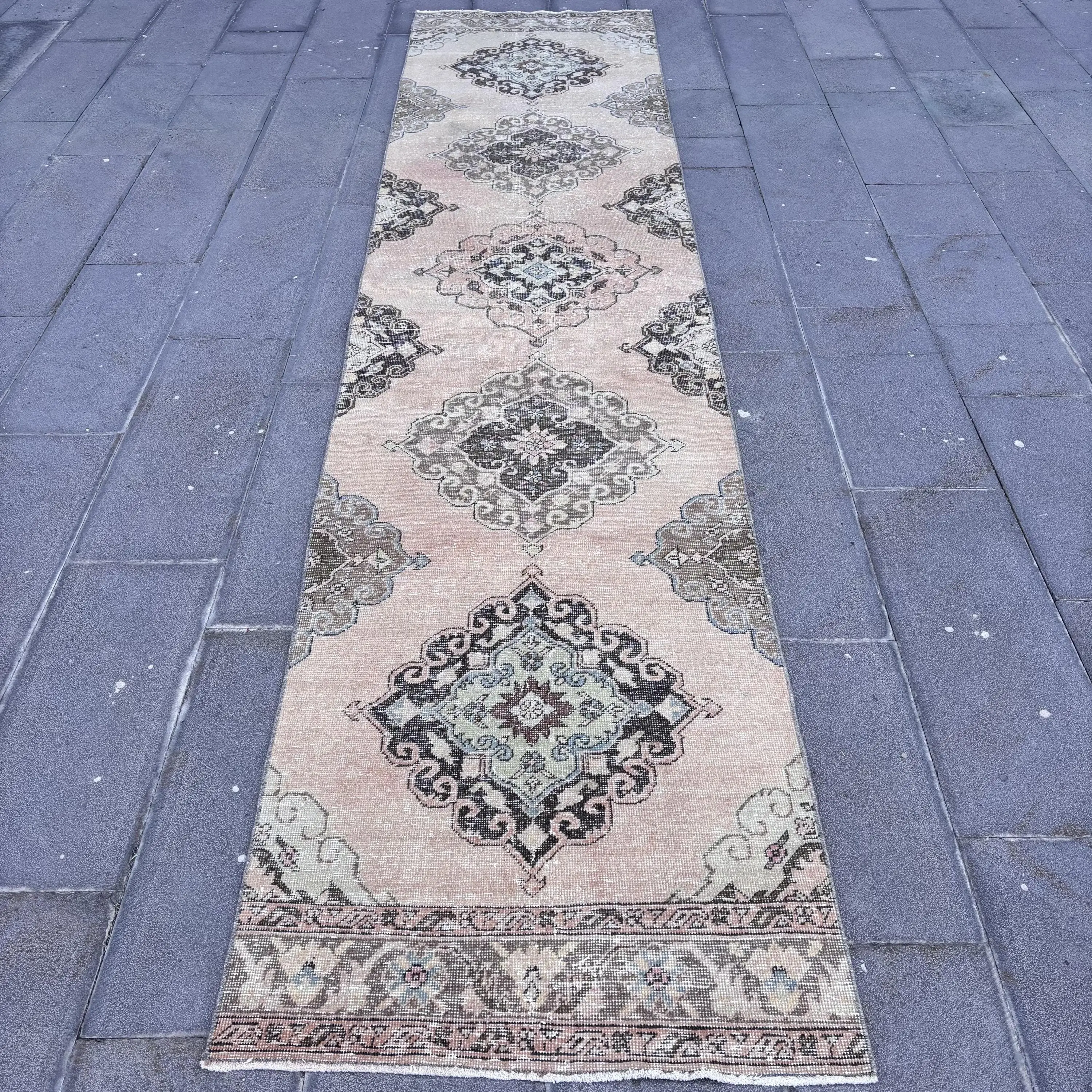 2.8x12.9 ft Rug, Turkish Vintage Rug, Gray Pink Camouflage Rug - 1
