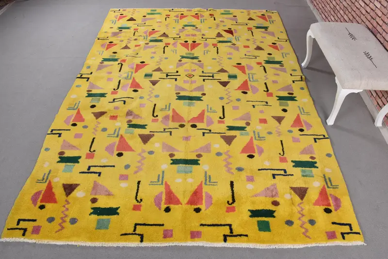 Canlı Sarı Halı, 7,1x10,1 ft Çiçek ve Paisley Tasarım