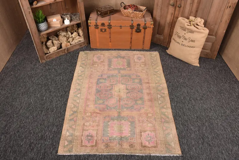 4.1x5.8 ft Halı, Türk Vintage Vurgulu Halı, Kahverengi Oushak Yün Halı - 1