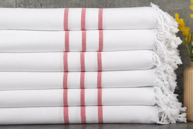 Turkish Beach Towel Organic Cotton Red Stripes Beige, 40x71 Inches