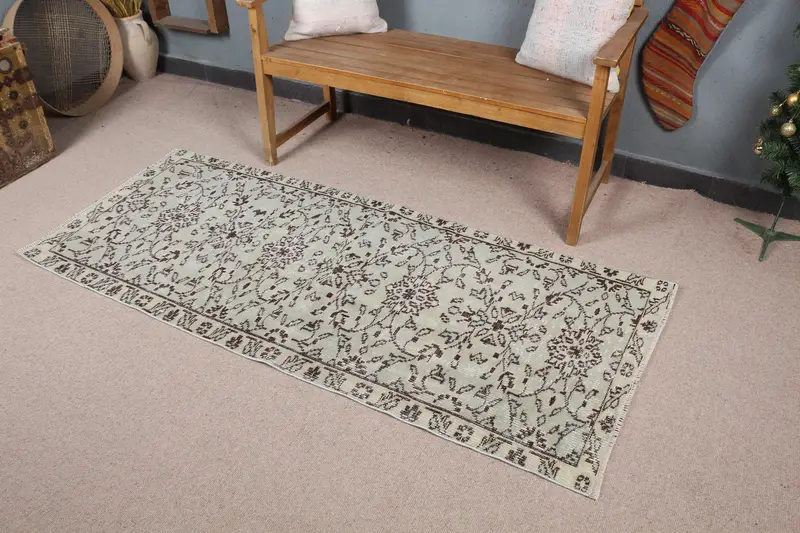 Zarif Yeşil Halı, 2,7x6,3 ft, Çiçek ve Geometrik Tasarım