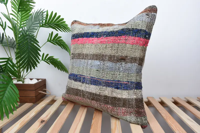 24x24 Blue Pillow Sham, Garden Cushion Cover, Kilim Cushion Sham, Cushion Cover, Turkish Kilim Pillow, Handmade Cushion Cover, Home Decor Pillow - 5