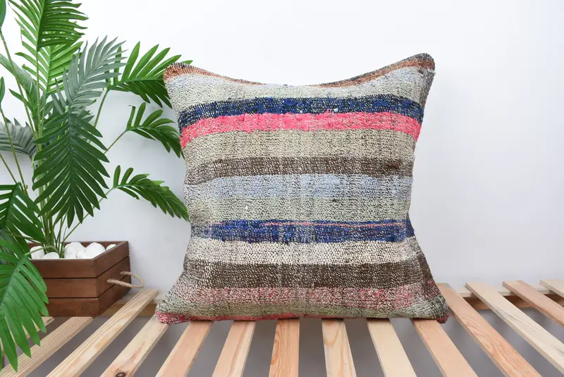 24x24 Blue Pillow Sham, Garden Cushion Cover, Kilim Cushion Sham, Cushion Cover, Turkish Kilim Pillow, Handmade Cushion Cover, Home Decor Pillow - 1