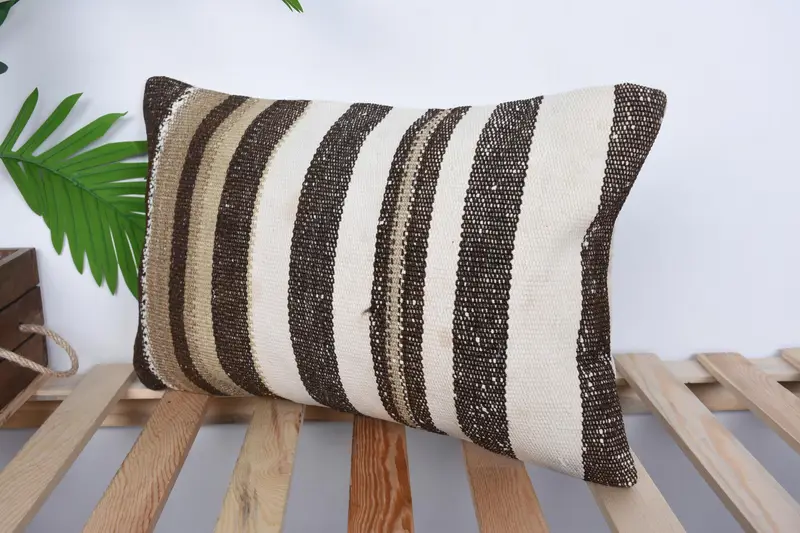 Throw Kilim Pillow, Rustic Cushion Cover, 12x20 Brown Pillow Sham, Neutral Throw Cushion Cover, Pillow Sham, Vintage Pillow, Boho Pillow Sham Cover - 5