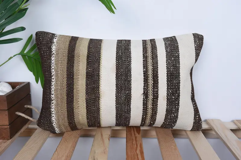 Throw Kilim Pillow, Rustic Cushion Cover, 12x20 Brown Pillow Sham, Neutral Throw Cushion Cover, Pillow Sham, Vintage Pillow, Boho Pillow Sham Cover - 1