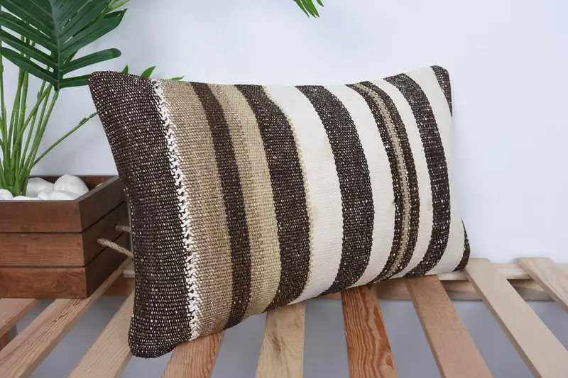 Throw Kilim Pillow, Rustic Cushion Cover, 12x20 Brown Pillow Sham, Neutral Throw Cushion Cover, Pillow Sham, Vintage Pillow, Boho Pillow Sham Cover - 4