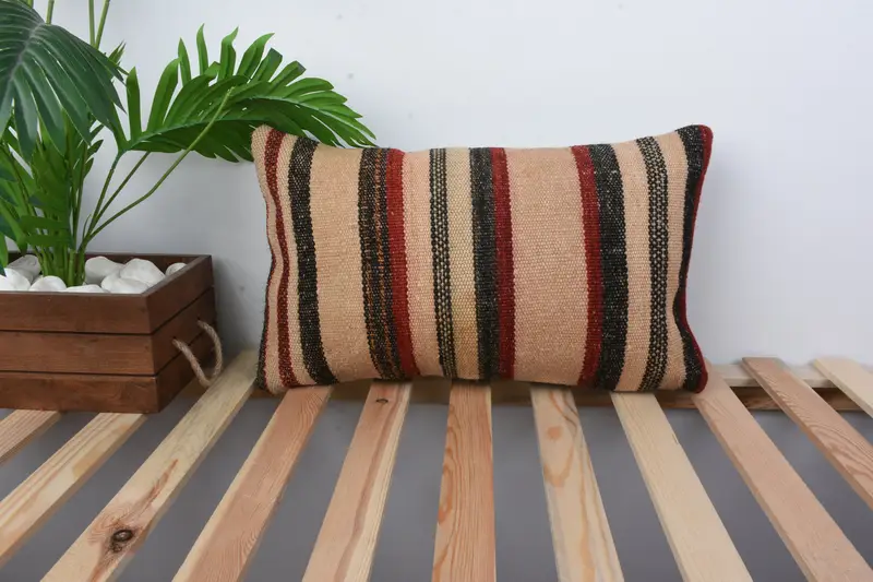 Meditation Pillow Case, Boho Chic Pillow Case, Gift Pillow, Pillow, Boho Pillow, 12x20 Beige Pillow, Bolster Throw Cushion, Handmade Kilim Cushion - 1