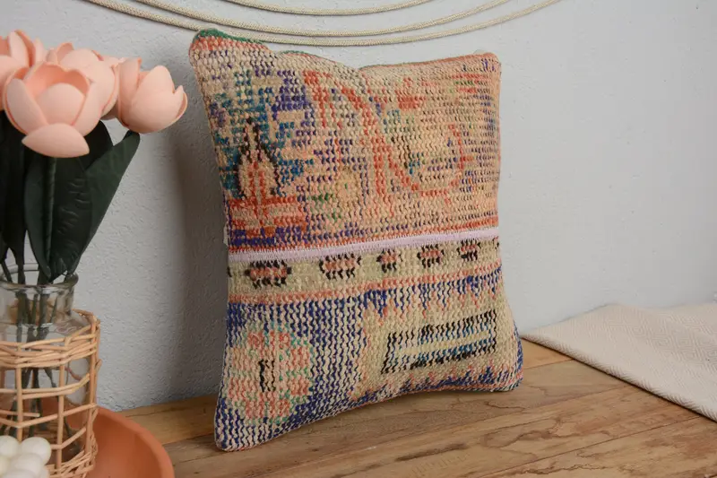 Ethnic Pillow Cover Pillow, Boho Pillow, 14x14 Blue Pillow Cover, Cushion, Kilim Cushion Sham, Anatolian Pillow Sham, Turkish Kilim Pillow - 1
