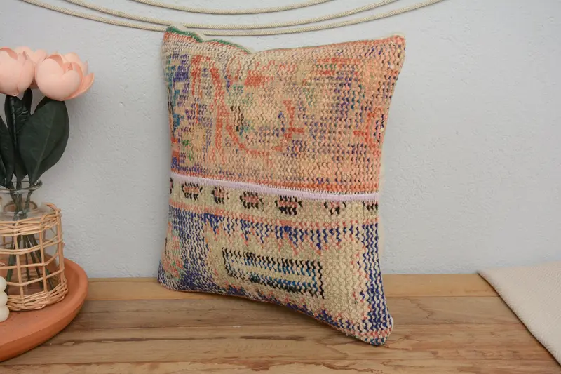 Ethnic Pillow Cover Pillow, Boho Pillow, 14x14 Blue Pillow Cover, Cushion, Kilim Cushion Sham, Anatolian Pillow Sham, Turkish Kilim Pillow - 4