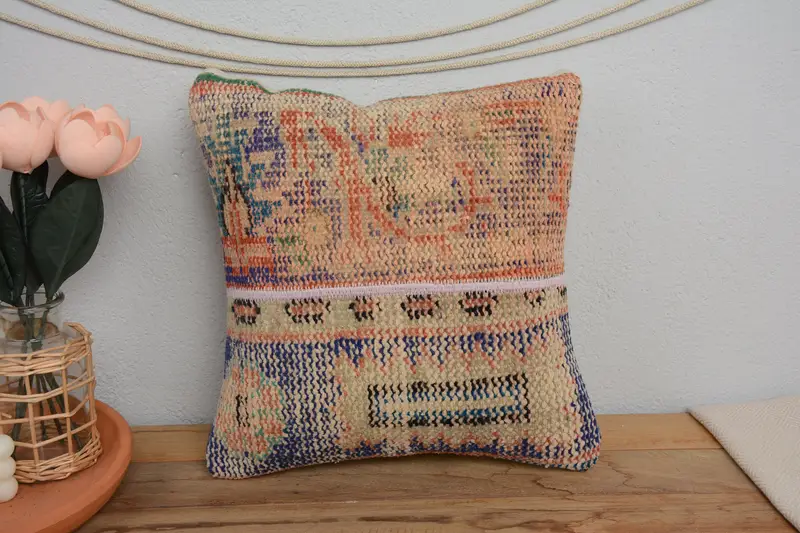 Ethnic Pillow Cover Pillow, Boho Pillow, 14x14 Blue Pillow Cover, Cushion, Kilim Cushion Sham, Anatolian Pillow Sham, Turkish Kilim Pillow - 2