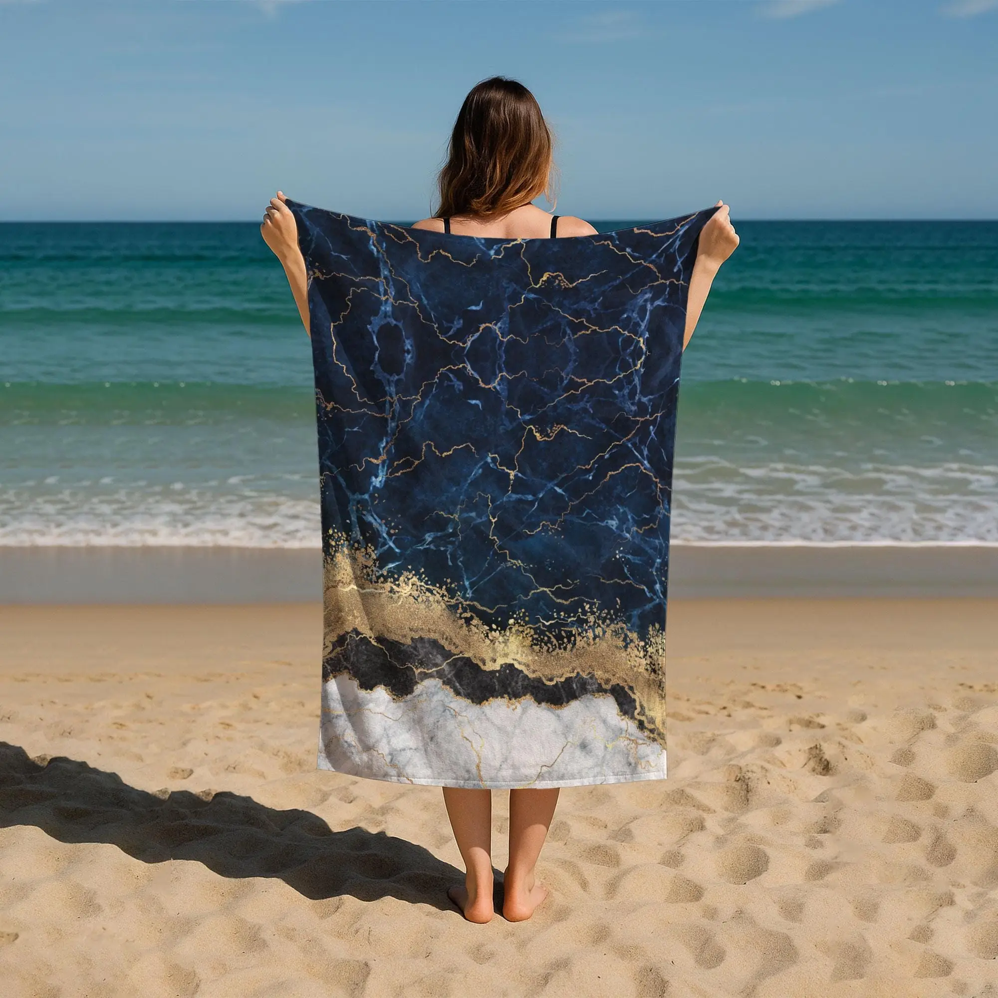 Navy Blue Marble Printed Beach Towel, Custom Adult, 28x53 Inches - 1