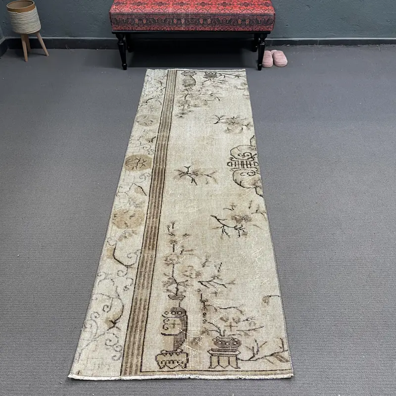 Turkish 2.6x8.1 ft Rug, Oushak Vintage Rug, Brown Floral Rug Wool - 1