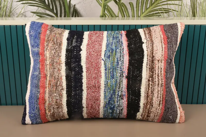 Throw 16x24 inch Pillow Sham, Red Antique Striped Cushion Case - 1