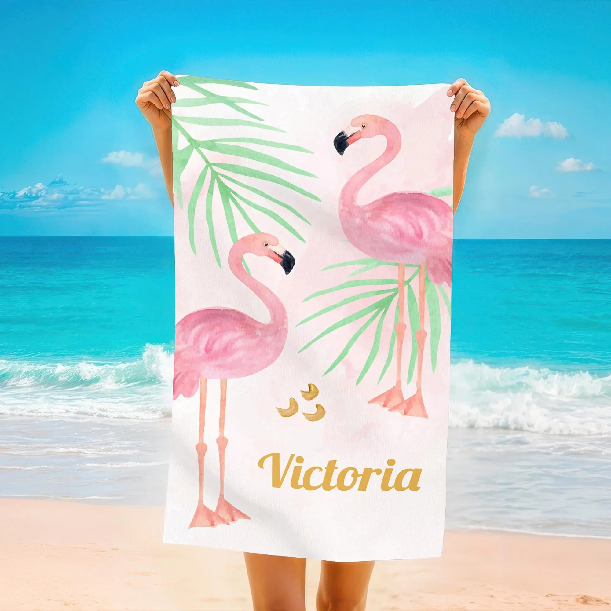Custom Printed Turkish Beach Towel Pink Flamingos, Organic Cotton, 28x53 Inches - 1