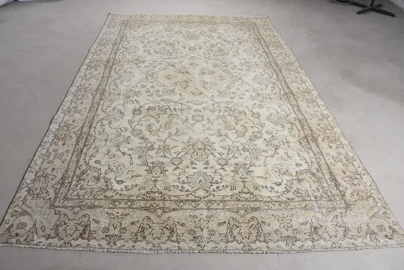 Alfombra turca vintage 6,5x10,3 pies (198x314 cm), alfombra de lana beige Oushak - 1