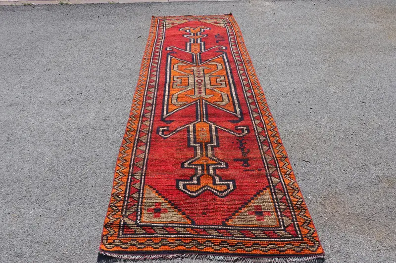 3.4x10.7 ft Halı, Vintage Türk Yolluk Halısı, Kırmızı Herki Yün Halı - 1