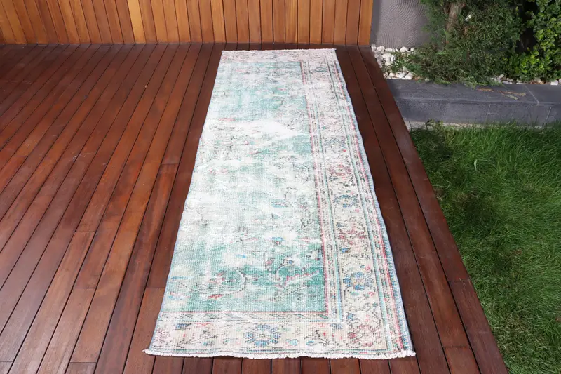 Vintage Türk Halısı, Yolluk 2.8x8.3 ft (86x253 cm) Halı, Mavi Bordürlü Yün Halı - 1