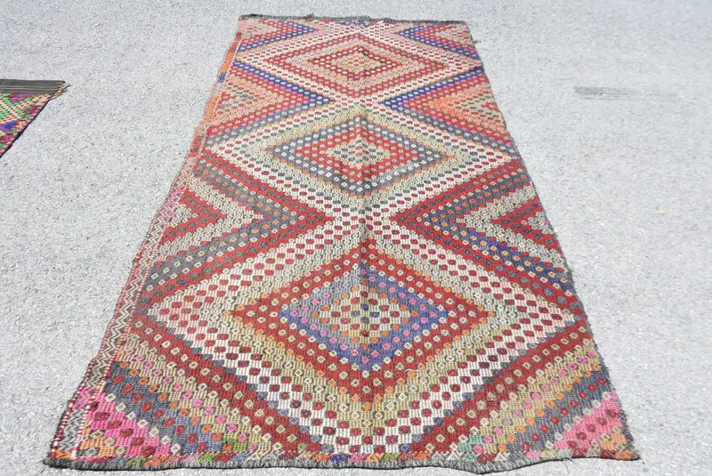 Türk Halısı, Büyük 4.8x9.8 ft Vintage Halı, Kırmızı Mavi Çiçekli Yün Halı - 1