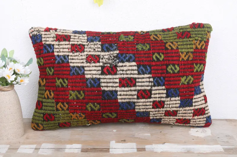 Decorative Throw Pillow Sham, 12x20 Red Pillow Case, Throw Kilim Pillow, Vintage Kilim Pillow, Pillow Cover, Boho Pillow Sham Cover - 2