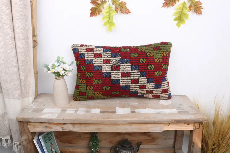 Decorative Throw Pillow Sham, 12x20 Red Pillow Case, Throw Kilim Pillow, Vintage Kilim Pillow, Pillow Cover, Boho Pillow Sham Cover - 1