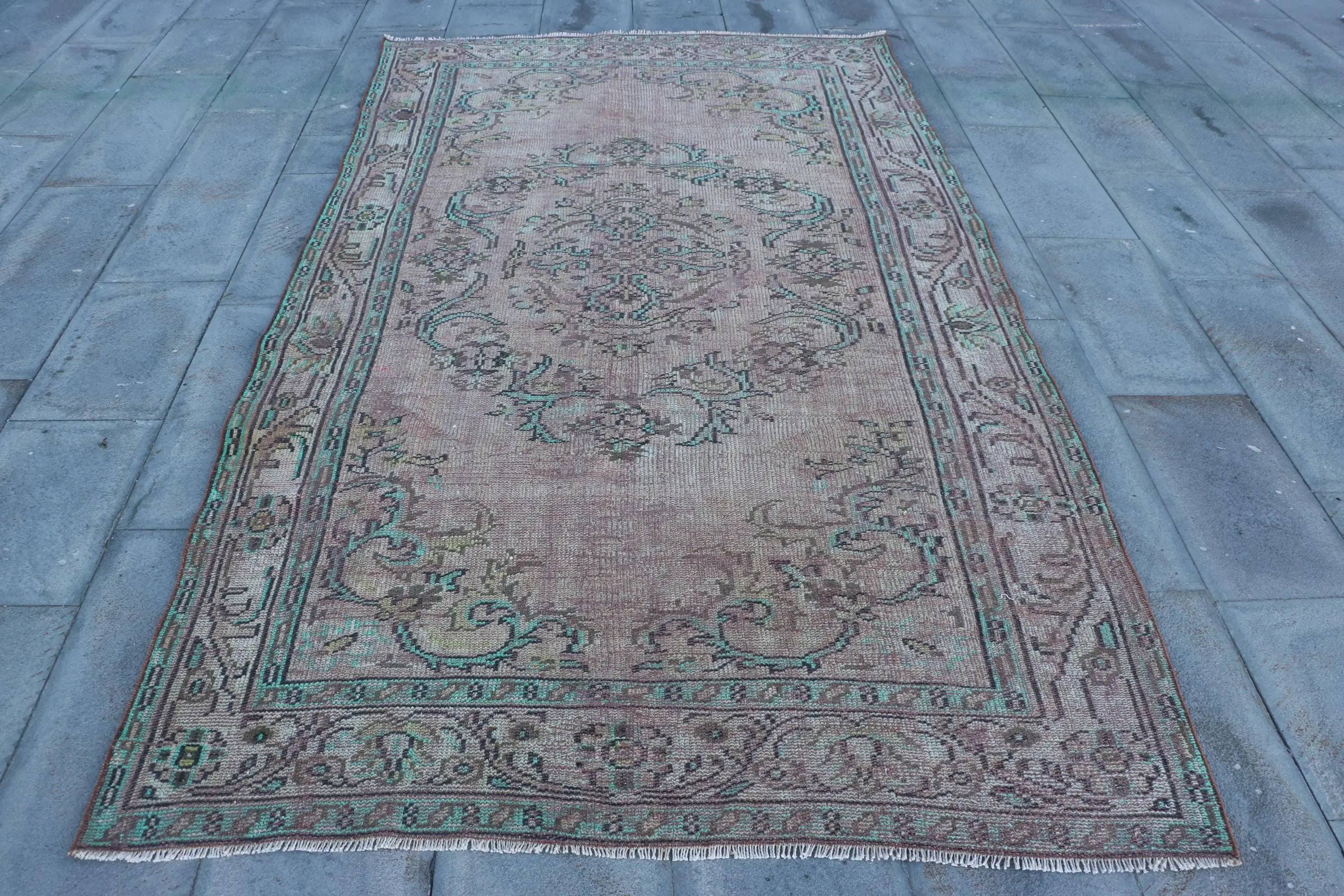 Vintage Büyük Halı 5.1x8.9 ft, Kahverengi Yeşil Hayvan Baskı Halı Yün - 1