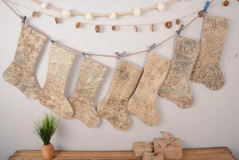 Bej Yılbaşı Süs Çorabı, Çevre Dostu Geri Dönüşümlü Halı Çorabı