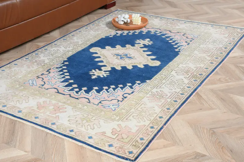 Alfombra Elegante Beige y Azul 1,1x1,8m Diseño Botánico