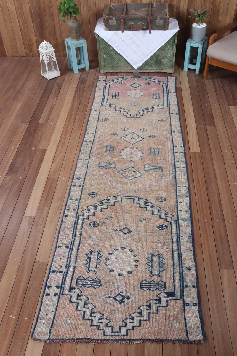 3,1x10,1 ft Vintage Teppich, kleiner türkischer Teppich, rosa geometrischer Teppich - 1