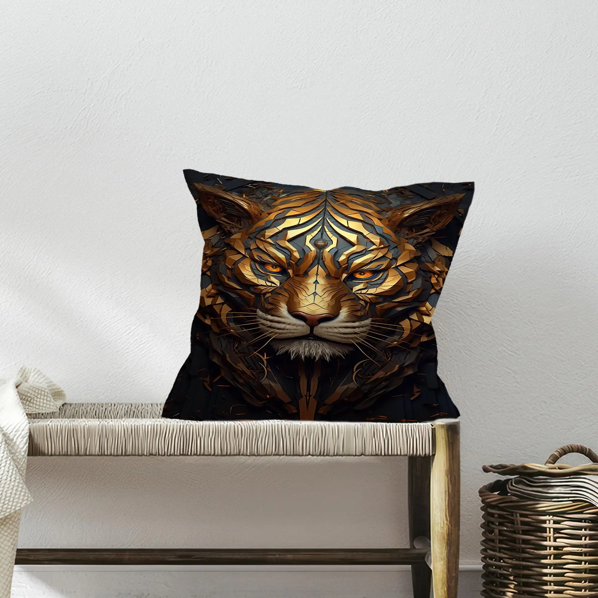 Golden Tiger Abstract Surrealist Design Printed Pillow - 1
