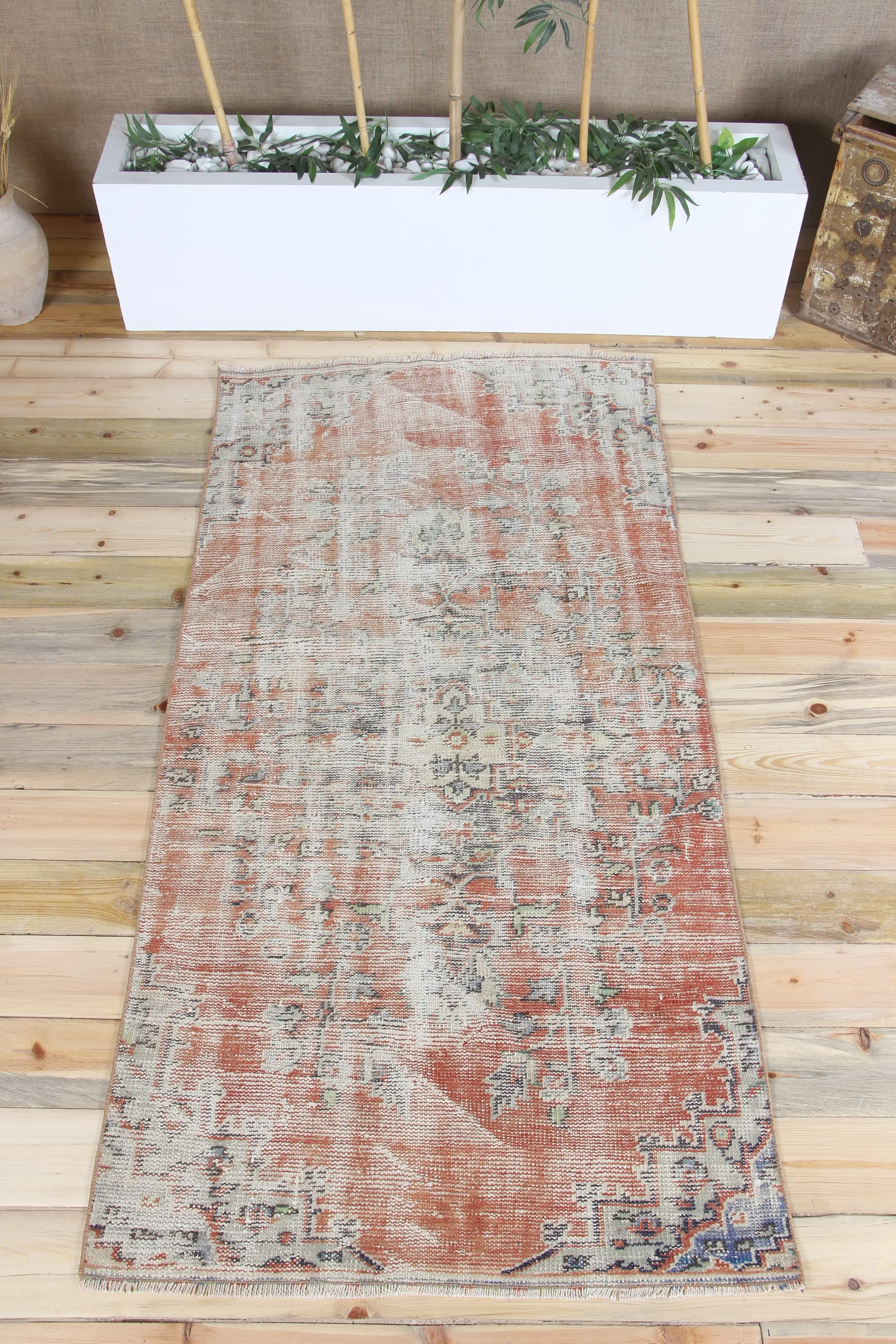 3.3x6.7 ft Accent Vintage Halı, Türk Halısı, Kırmızı Yeşil Çiçekli Halı - 1