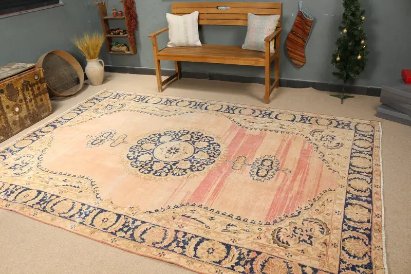 Beige-blauer Karoteppich, 6,2 x 9,6 Fuß, eleganter Bodenbelag