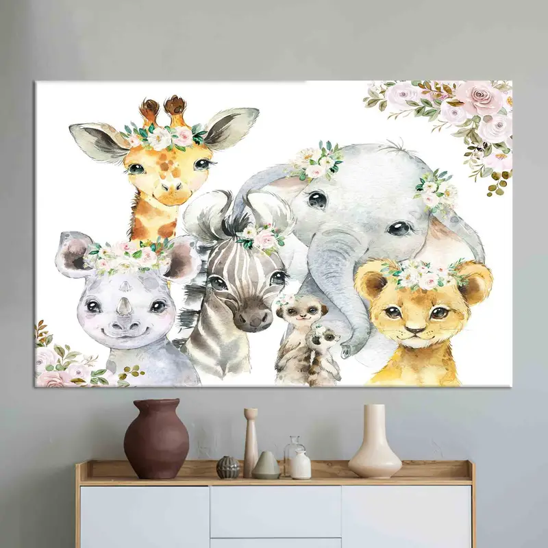 Moderne, mit Dschungeltieren bedruckte Leinwand für trendige Babyzimmerdekoration