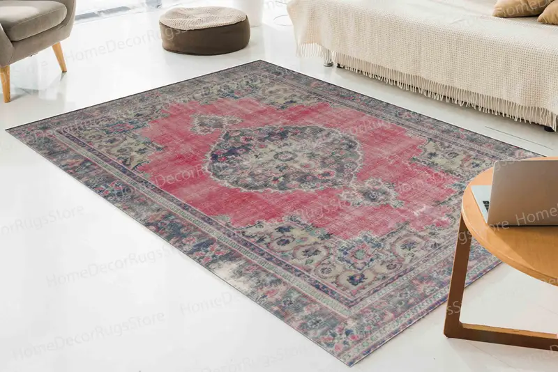 Madalyon Kırmızı Lacivert Oushak Vintage Baskılı Halı