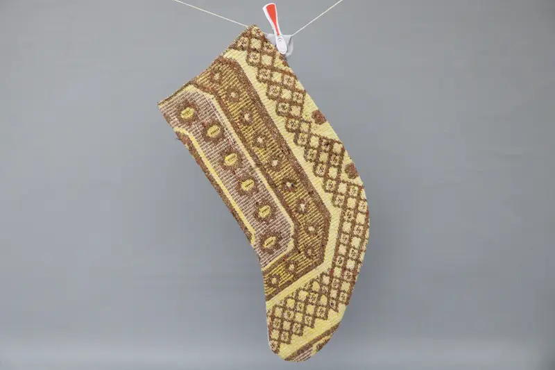 Brown & Yellow Christmas Ornaments Stocking, 9 Inch Wide Holiday Decor