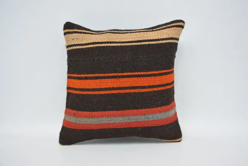 Art Deco Cushion Cover, Cushion, Turkish Kilim Pillow, Ethnical Kilim Rug Pillow, 14x14 Brown Pillow Cover, Vintage Kilim Pillow - 1